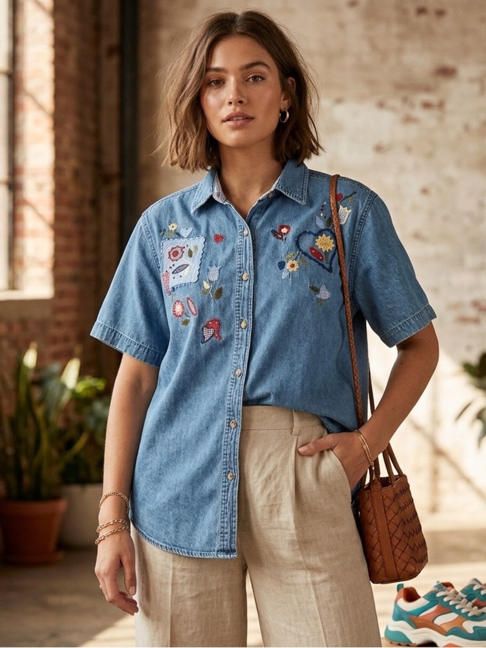 Women’s Vintage denim appliqué short sleeve button down chambray shirt, Large